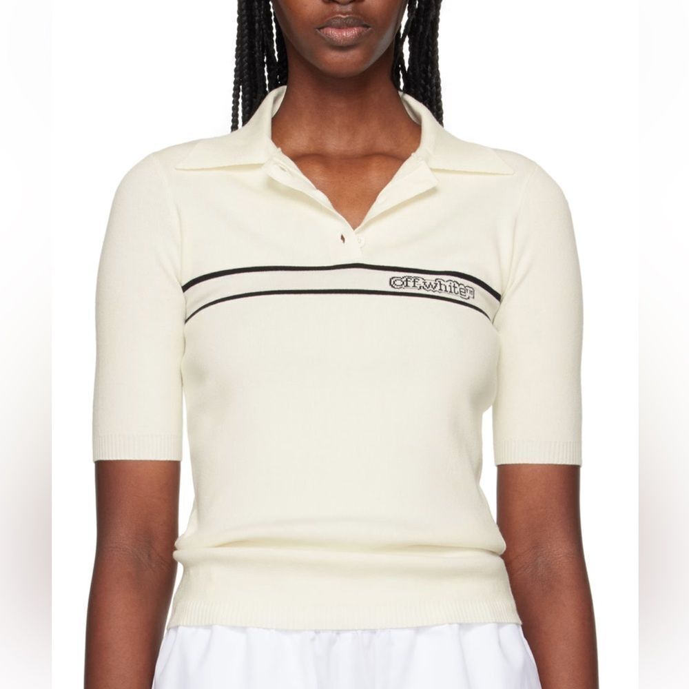 OFF-WHITE Striped Knit Polo Cream Short Sleeve Tee shirt top Revolve $595 S